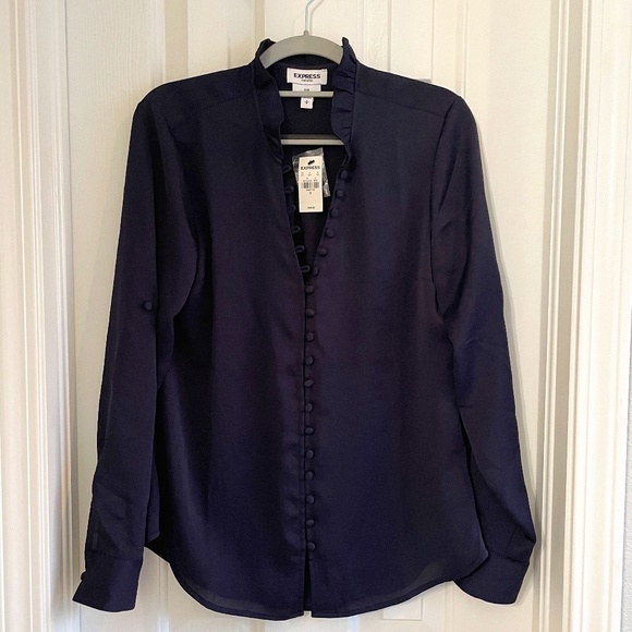 Express Tops - (NWT) EXPRESS Portifino: Dark Navy, Slim Blouse w/Ruffle Collar (Women's Size S)